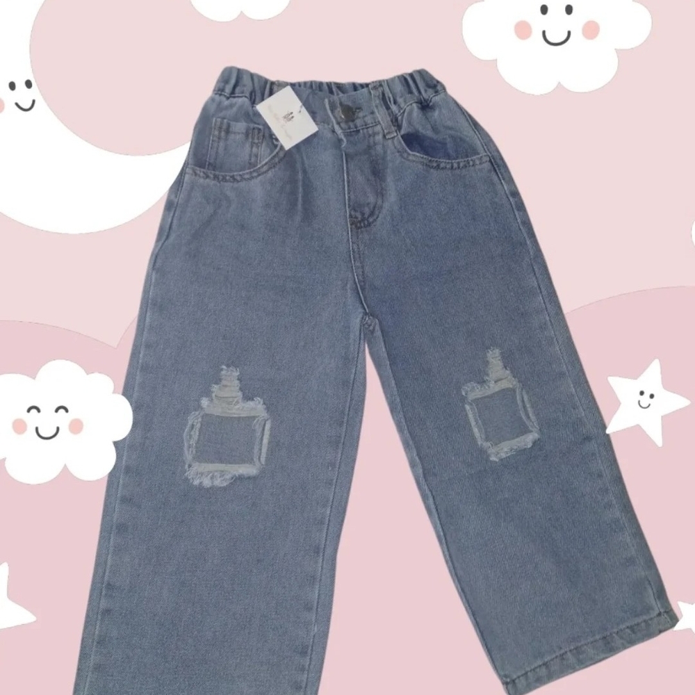 Little Girls Elastic Waist Ripped  Blue Denim Jeans